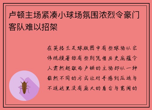 卢顿主场紧凑小球场氛围浓烈令豪门客队难以招架 卢顿主场紧凑小球场氛围浓烈令豪门客队难以招架