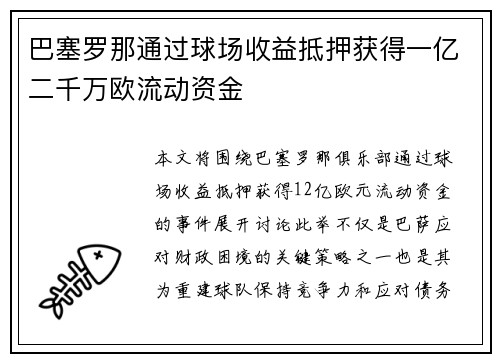 巴塞罗那通过球场收益抵押获得一亿二千万欧流动资金 巴塞罗那通过球场收益抵押获得一亿二千万欧流动资金